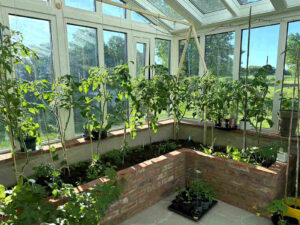 50 sqm custom aluminum three-sided greenhouse, Swedish gardener high-end greenhouse real case May 2026, greenhouse with planting boxes interior layout, 50㎡ Aluminum Three‑Sided Greenhouse Sweden Customer Case